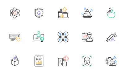 Certificate, Pyramid chart and Atom core line icons for website, printing. Collection of Augmented reality, Covid test, Blood donation icons. Seo devices, Eco food, Puzzle web elements. Vector