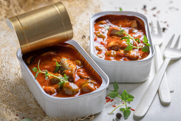 Tasty and fresh sprats with spicy tomatoes sauce.