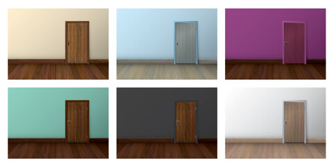 Set of wall and parquet with wooden door have blank space at wall. Set of room background template for presented products.