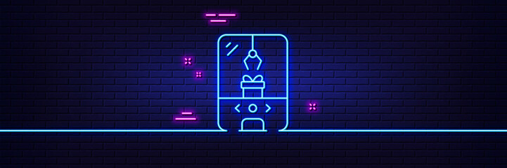 Neon light glow effect. Crane claw machine line icon. Amusement park sign. Carousels symbol. 3d line neon glow icon. Brick wall banner. Crane claw machine outline. Vector - obrazy, fototapety, plakaty