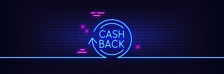 Fototapeta na wymiar Neon light glow effect. Cashback service line icon. Money transfer sign. Rotation arrow symbol. 3d line neon glow icon. Brick wall banner. Cashback outline. Vector