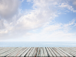 Empty Wood Table on Blur Sea Summer Background,Blank Desk with Blue Ocean and blue sky Horizon Landscape Outdoor photo Backdrop,Mockup Board for add Product Presentation,Tropical Summer Nature Tourism