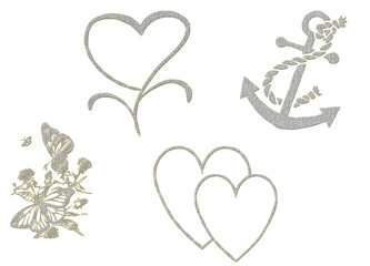 illustration de bijoux argentés en  forme de coeur de  papillon et d' ancre de marine - obrazy, fototapety, plakaty