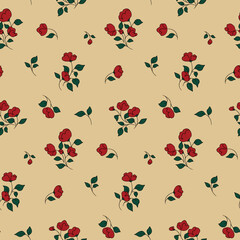 Seamless floral pattern, romantic ditsy print in vintage style. Simple botanical design, abstract arrangement of small hand drawn flowers, leaves on a light background. Vector illustration.