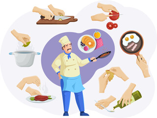 Cheerful male chef character cooking tasty meal set. Professional cook in uniform preparing dishes. Hands of kitchener cutting vegetables, pour oil, put bay leaf, pepper food