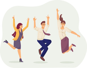 Fototapeta na wymiar Happy business people jumping with their hands raised. Employees business team celebrating goal achievement or project completion. Challenge, business success, collaboration