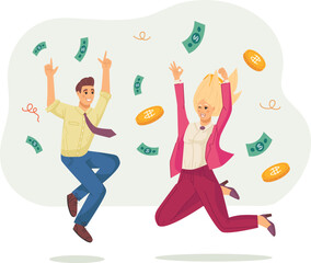 Successful people jumping enjoying the rain of money. Banknotes and coins falling down at happy business partners colleagues. Wealth, startup, successful completion of project, business success