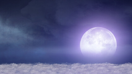 Naklejka na ściany i meble Beautiful realistic flight over cumulus lush clouds in the night moonlight