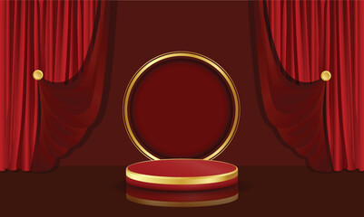 Red Curtains background and golden pedestal. Trendy empty podium display