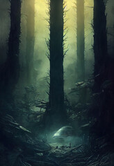 lost spaceship in forest sci-fi landscape scene 3d illustration