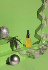 green podium of gift boxes golden ribbon. Christmas background with podium for cannabis products....