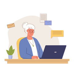 Senior woman sitting on chair with laptop. Old woman works with computer. Computer use by elderly. Vector illustration