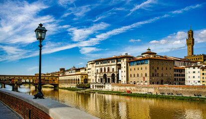 Panorama on the Lungarno and Ponte Vecchio in Florence Tuscany Italy