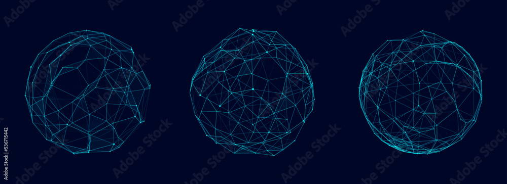 Poster set of abstract blue spheres from points and lines on a dark background. network connection structur
