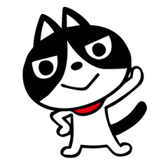 手描きのハチワレ猫　左手を上げるポーズ
