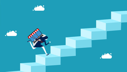 Career growth steps. Businesswoman with laptop running on stairs vector