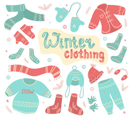A set of winter clothes and shoes in trendy colors. Sweater, hat, mittens, socks, felt boots, jacket, trousers. Isolated vector elements. A set for various designs.