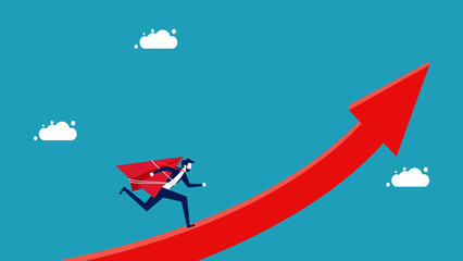 Leader of growth. businessman with a paper plane runs along the growth arrow vector