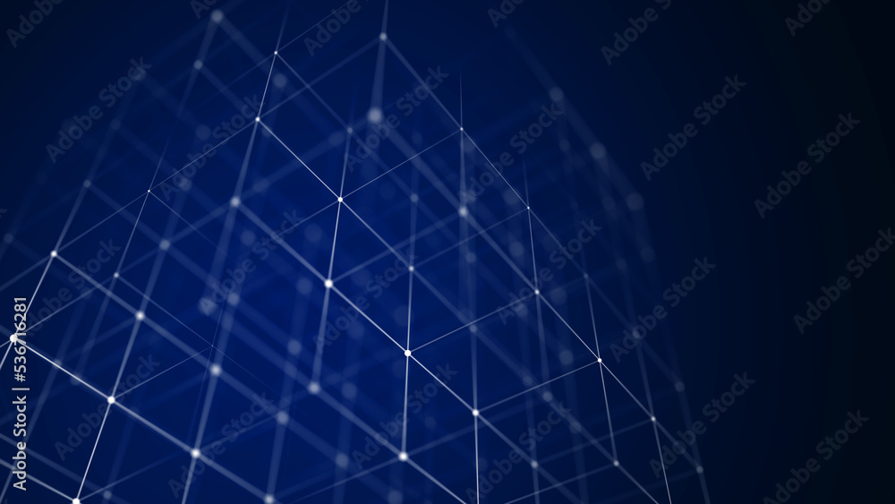 Poster Abstract wireframe cube. Digital blockchain concept. Futuristic blue background with dots and lines. 3D rendering.