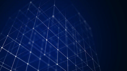 Abstract wireframe cube. Digital blockchain concept. Futuristic blue background with dots and lines. 3D rendering.