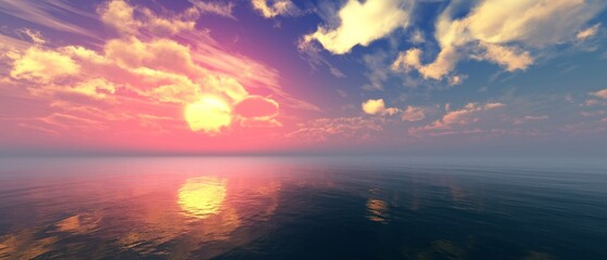 Sea sunset, ocean sunrise, sun over water surface, 3d rendering