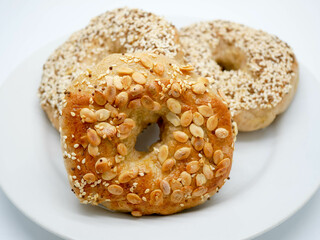Homemade Bagels with multi grains such as sesame, perilla seeds and pumpkin seeds with white...