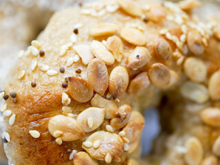 Homemade Bagels with multi grains such as sesame, perilla seeds and pumpkin seeds with white...