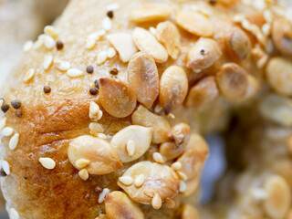 Homemade Bagels with multi grains such as sesame, perilla seeds and pumpkin seeds with white background