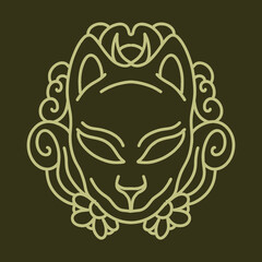 Japanese Mask illustration Monoline Vector, tradition character vintage badge, creative emblem Design For T-shirt Design