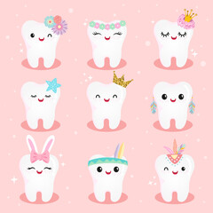 Cute girls Tooth Character Set in many costume