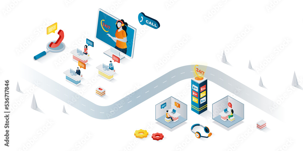Poster Call center concept 3d isometric web banner. People work at hotline, consultation customers around the clock, tech support solves problems. Illustration for landing page and web template design