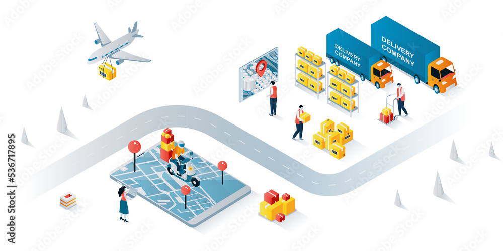 Poster delivery company concept 3d isometric web banner. people work at warehouse, loading and distribute p