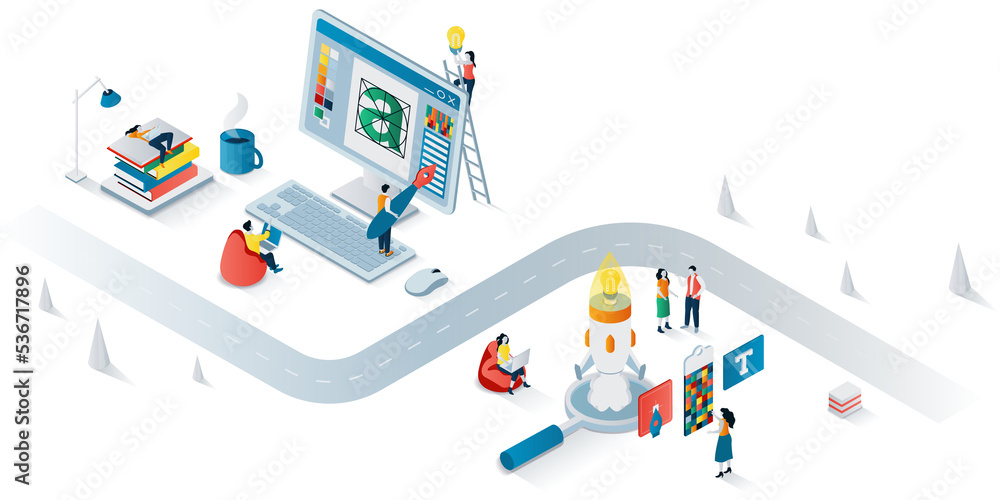 Poster design studio concept 3d isometric web banner. people designers work on creative projects, make bran