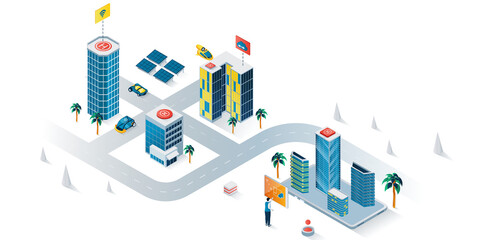 Smart city concept 3d isometric web banner. People use wireless monitoring, security system, smart navigation, eco friendly infrastructure. Illustration for landing page and web template design