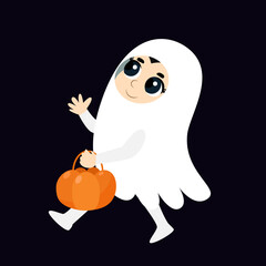 A child dressed as a white ghost runs with a candy basket. Halloween character is joyful and happy. Cartoon illustration isolated on white background.