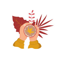 Hands holding cup of coffee with autumn leaves isolated from background. Autumn cozy concept.  Vector illustration