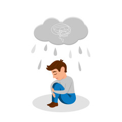 Obraz na płótnie Canvas Sad, unhappy boy sitting under rain, depression concept, flat vector illustration isolated on white background.