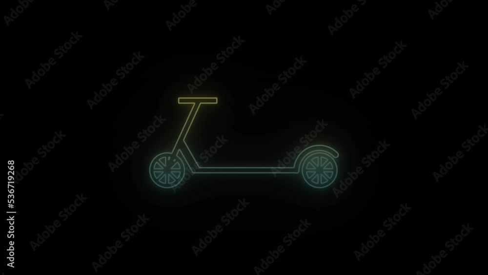 Poster glowing neon scooter icon on black background. ecological way of movement. 4k video animation for mo