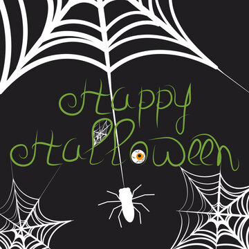 Black background with cobwebs and a spider hanging from a cobweb with the inscription happy halloween. Illustration for a card, invitation, flyer, halloween banner