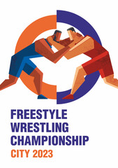 Poster freestyle wrestling. Sports tournament. Painted stylish athletes are fighting