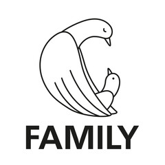 The family emblem. A bird and a chick. Allegory of family love. Line graphics