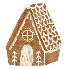 Watercolor gingerbread house, gingerbread cookies for Christmas