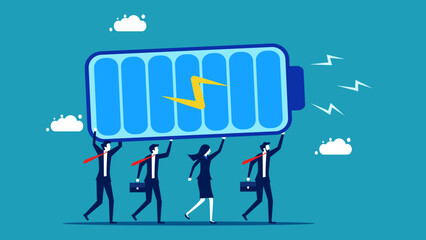 Team power. Businessman team carrying battery icon. Vector illustration eps