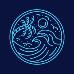 Naklejka premium Summer Beach illustration Monoline Vector, Blue Wave vintage badge, creative emblem Design For T-shirt Design