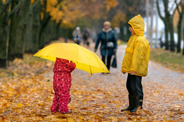 Two children are walking in the autumn park. Child under large yellow umbrella. Rainy day