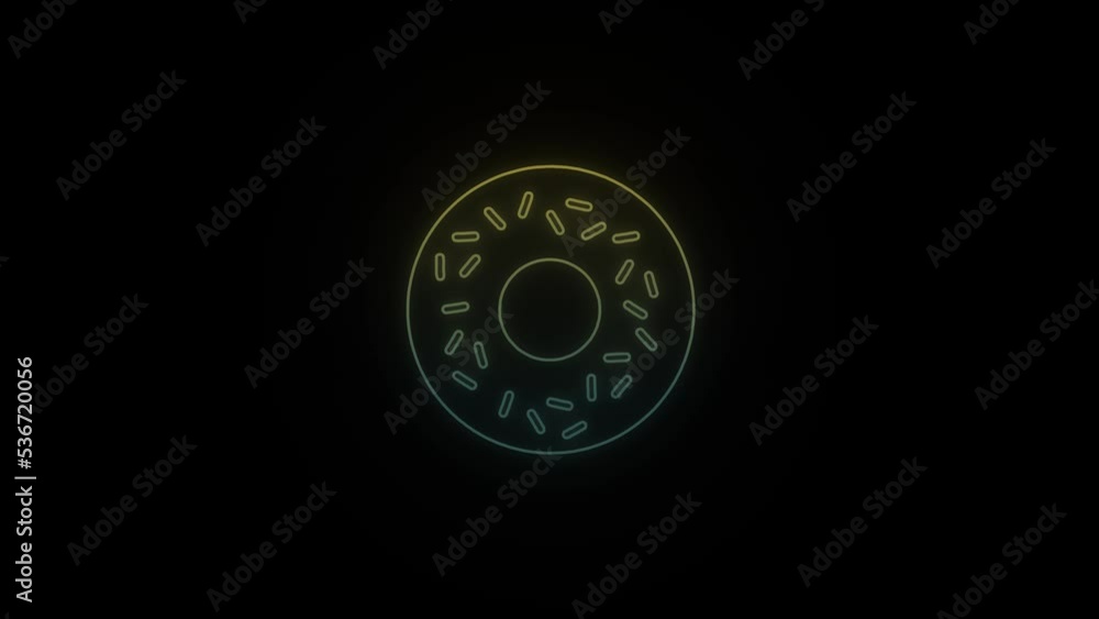 Poster glowing neon donut icon on black background. delicious donut with topping. 4k video animation for mo