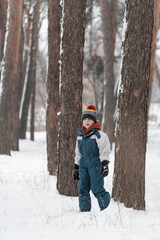 Child in knitted hat and winter jumpsuit walks on winter forest background. Vertical frame