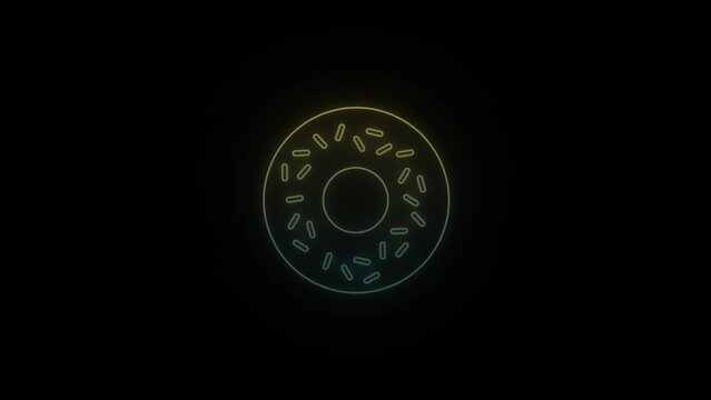 Glowing neon donut icon on black background. delicious donut with topping. 4K video animation for motion graphics and compositing.