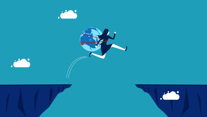 Risks and obstacles of the global economy. Businesswoman with a globe jumping over the gap vector