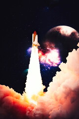Shuttle launch in the clouds to outer space. Dark space with stars on background.Spaceship flight....